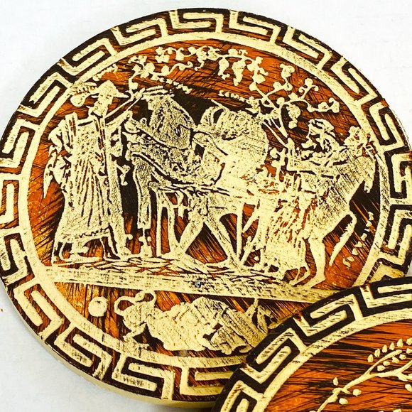 Set of 4 Vintage Carved Wood Greek Themed Coasters Cork Back - Picture 5 of 6